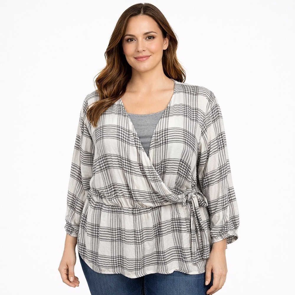 Lane Bryant Women’s Plaid Peplum Faux Wrap Top Gray & White Plus Size 16